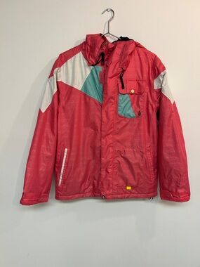 Volcom Red, Teal & White Ski Jacket with Hood